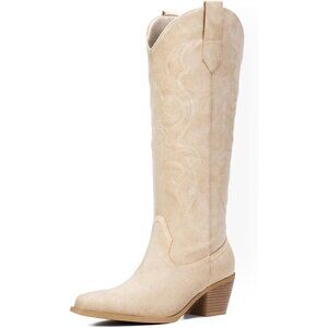 Women Beige Polyurethane Classic Embroidery Side Zipper Knee High Western Boots